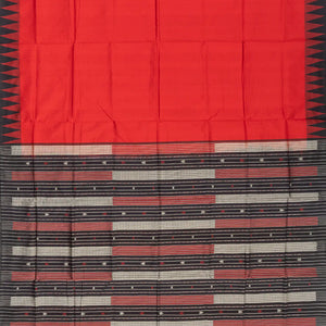Red Handloom Orissa Silk Saree With Temple Border & Stripped Pallu-Red