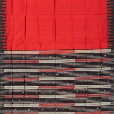 Red Handloom Orissa Silk Saree With Temple Border & Stripped Pallu-Red