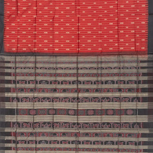 Red Handloom Orissa Silk Saree With Spearhead Motifs & Stripes-Red