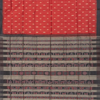 Red Handloom Orissa Silk Saree With Spearhead Motifs & Stripes-Red