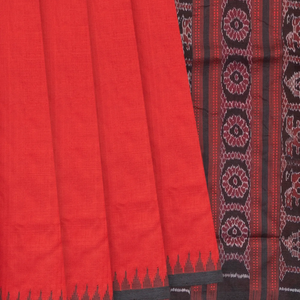 Red Handloom Orissa Silk Saree With Elephant & Floral Motifs In Pallu-Red