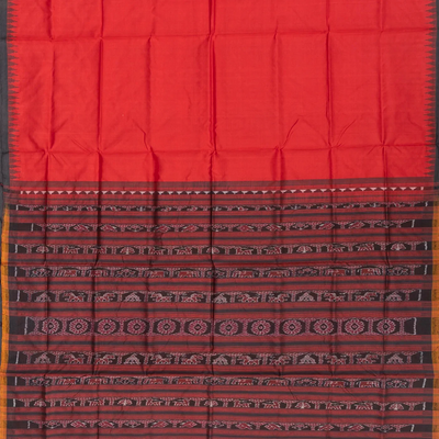 Red Handloom Orissa Silk Saree With Elephant & Floral Motifs In Pallu-Red
