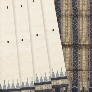 Cream Handloom Orissa Silk Saree With Floral Motifs & Contrast Grey Border-Cream