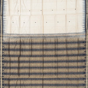 Cream Handloom Orissa Silk Saree With Floral Motifs & Contrast Grey Border-Cream