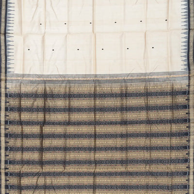Cream Handloom Orissa Silk Saree With Floral Motifs & Contrast Grey Border-Cream