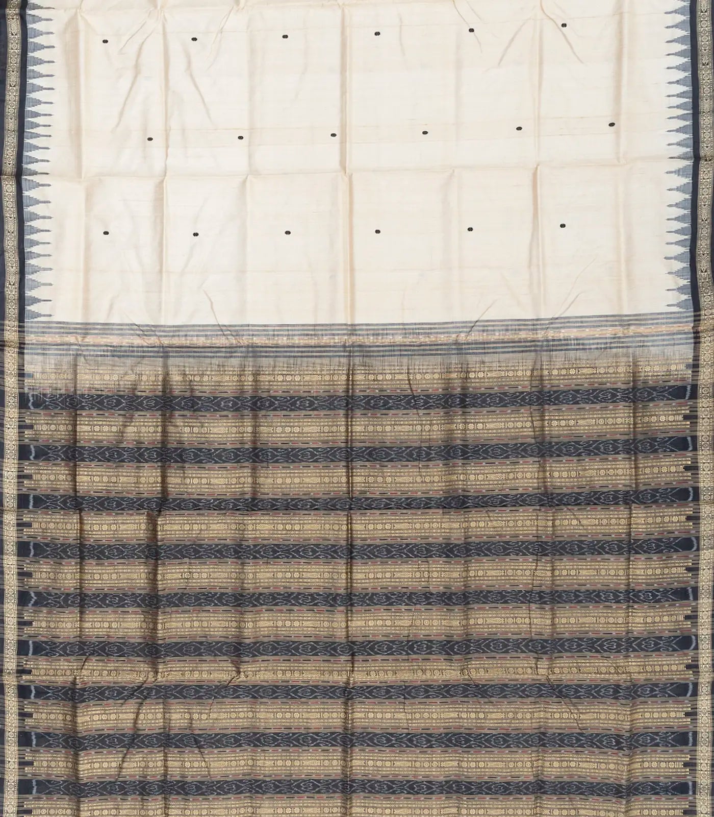 Cream Handloom Orissa Silk Saree With Floral Motifs & Contrast Grey Border-Cream