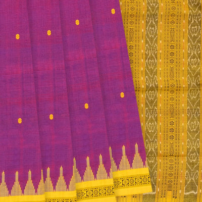 Purple Handloom Orissa Silk Saree With Floral Motifs & Contrast Yellow Border-Purple