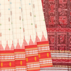 Cream Handloom Orissa Silk Saree With Checks & Contrast Red Border-Cream