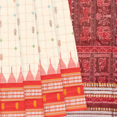 Cream Handloom Orissa Silk Saree With Checks & Contrast Red Border-Cream