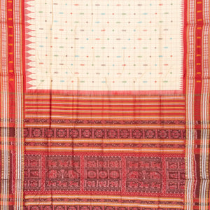Cream Handloom Orissa Silk Saree With Checks & Contrast Red Border-Cream