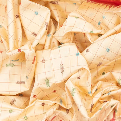 Cream Handloom Orissa Silk Saree With Checks & Contrast Red Border-Cream