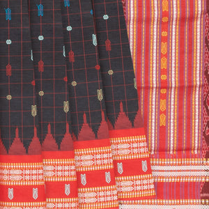Black Handloom Orissa Silk Saree With Checks & Contrast Red Border-Black