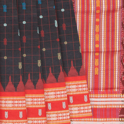 Black Handloom Orissa Silk Saree With Checks & Contrast Red Border-Black