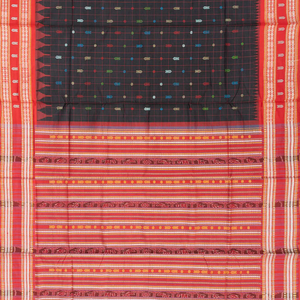 Black Handloom Orissa Silk Saree With Checks & Contrast Red Border-Black