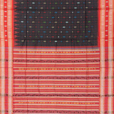 Black Handloom Orissa Silk Saree With Checks & Contrast Red Border-Black