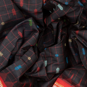 Black Handloom Orissa Silk Saree With Checks & Contrast Red Border-Black