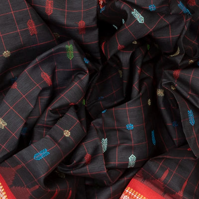 Black Handloom Orissa Silk Saree With Checks & Contrast Red Border-Black