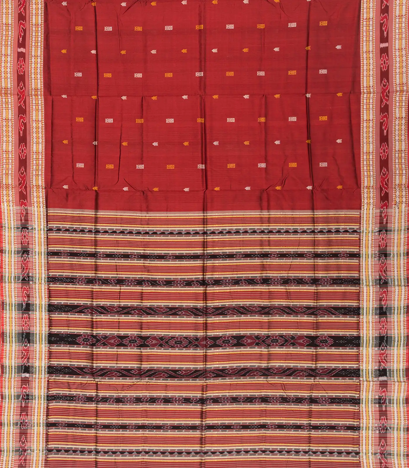 Crimson Handloom Orissa Silk Saree With Floral Motifs-Crimson