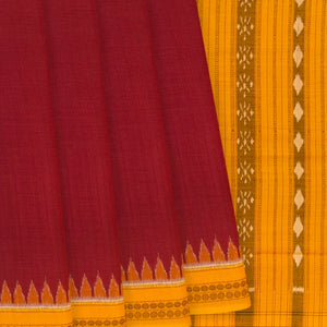 Crimson Handloom Orissa Cotton Saree With Mustard Temple Border-Crimson