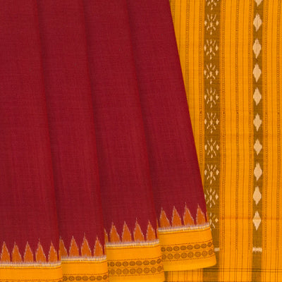Crimson Handloom Orissa Cotton Saree With Mustard Temple Border-Crimson