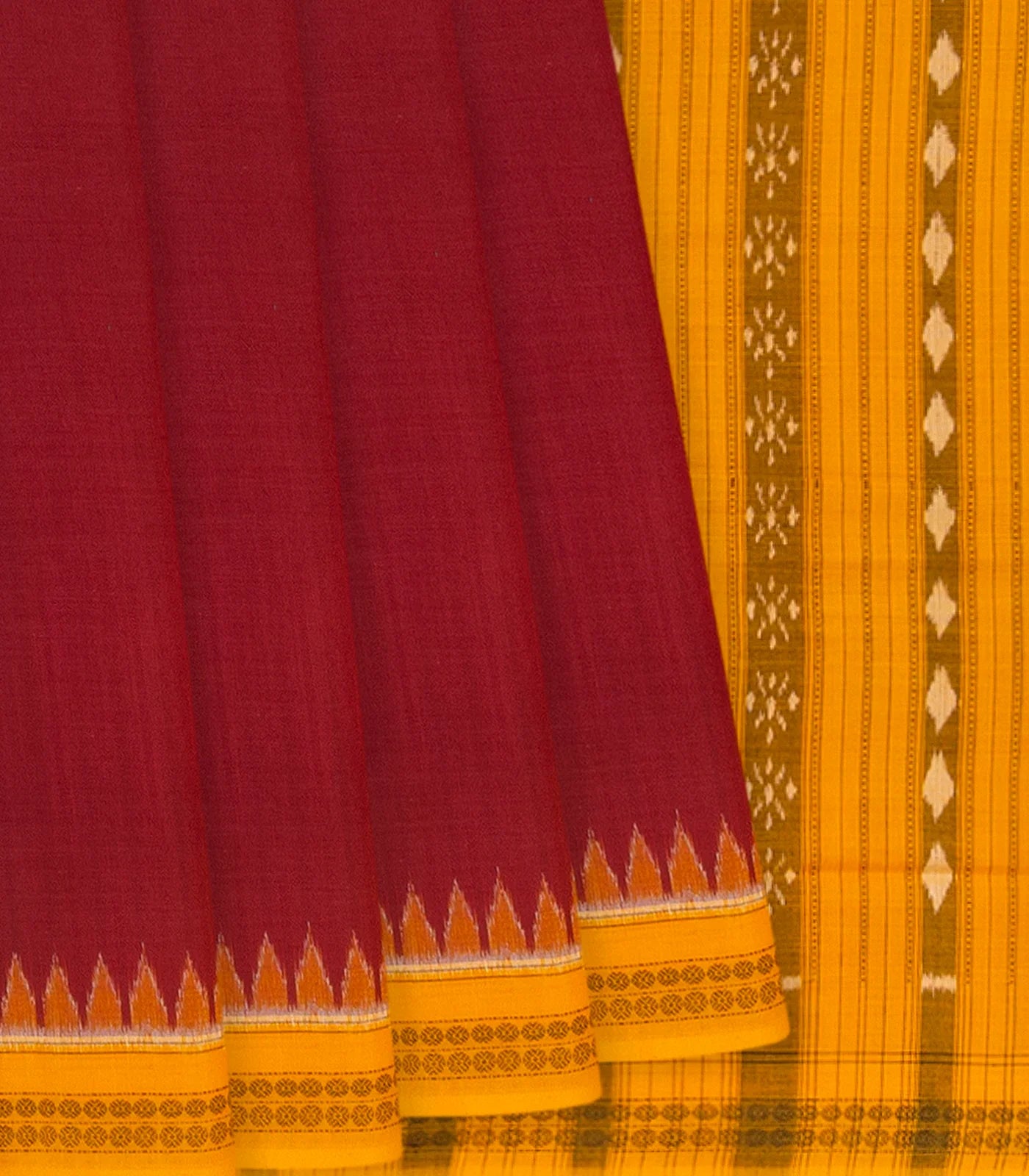 Crimson Handloom Orissa Cotton Saree With Mustard Temple Border-Crimson