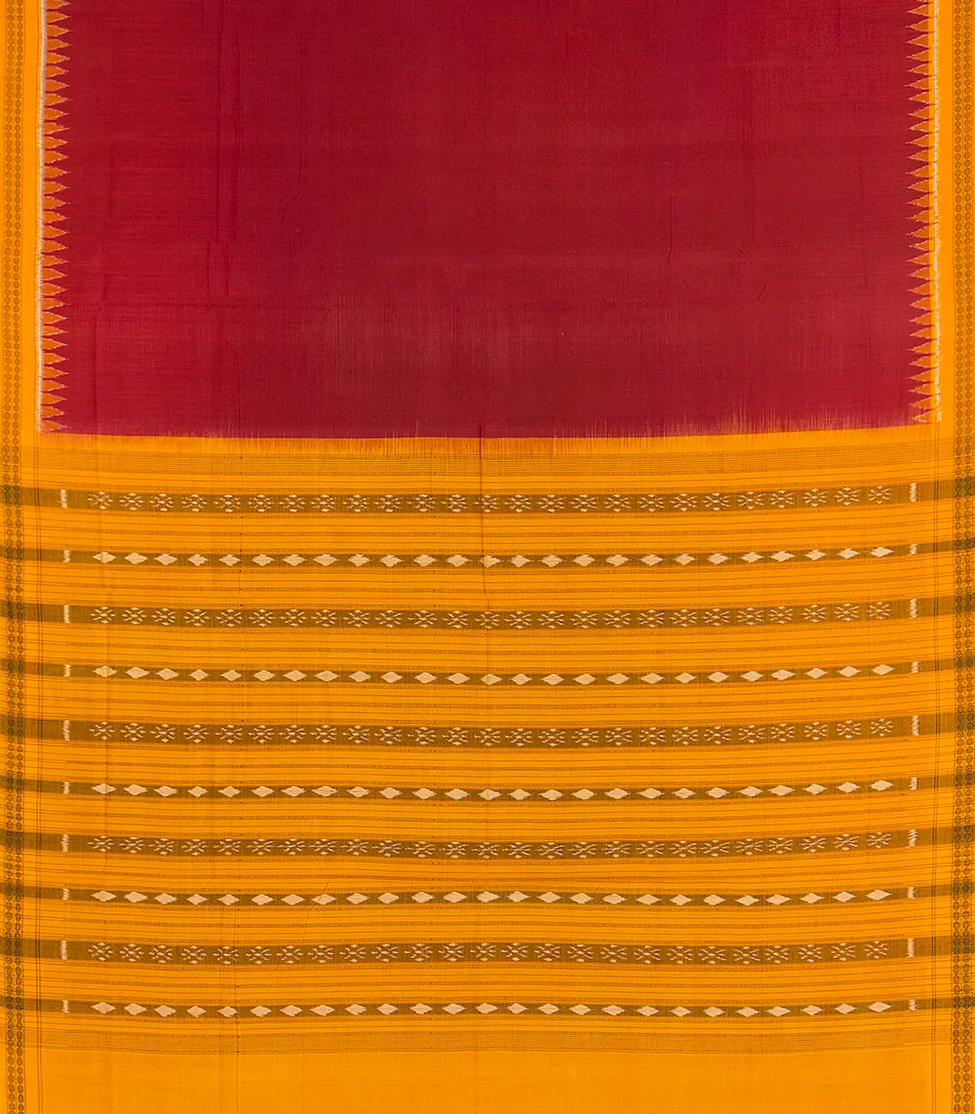 Crimson Handloom Orissa Cotton Saree With Mustard Temple Border-Crimson