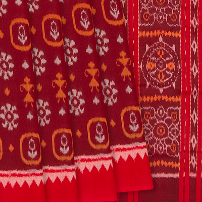 Maroon Handloom Orissa Cotton Saree With Ikat Floral Motifs-Maroon