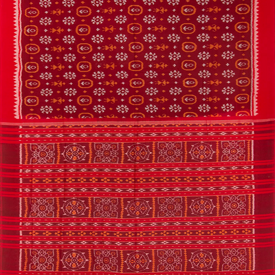 Maroon Handloom Orissa Cotton Saree With Ikat Floral Motifs-Maroon