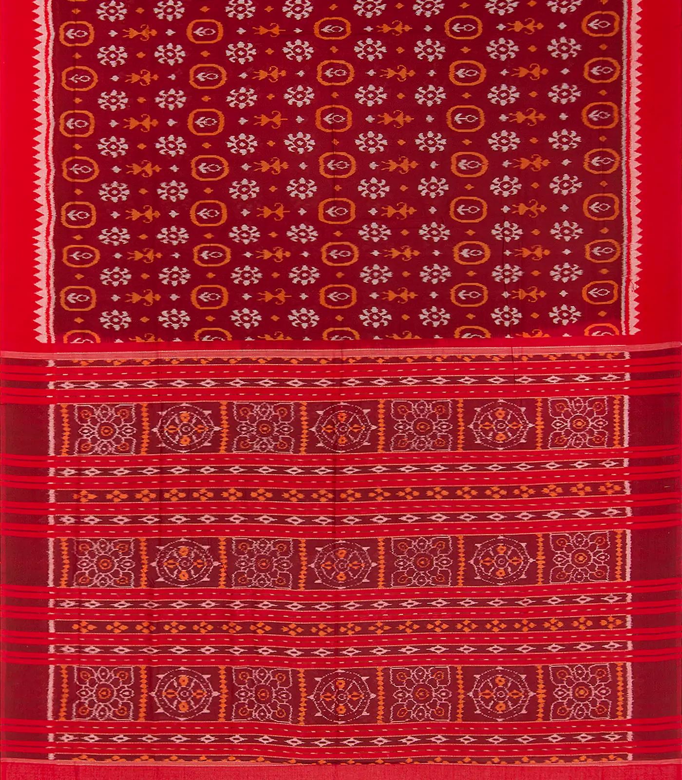 Maroon Handloom Orissa Cotton Saree With Ikat Floral Motifs-Maroon