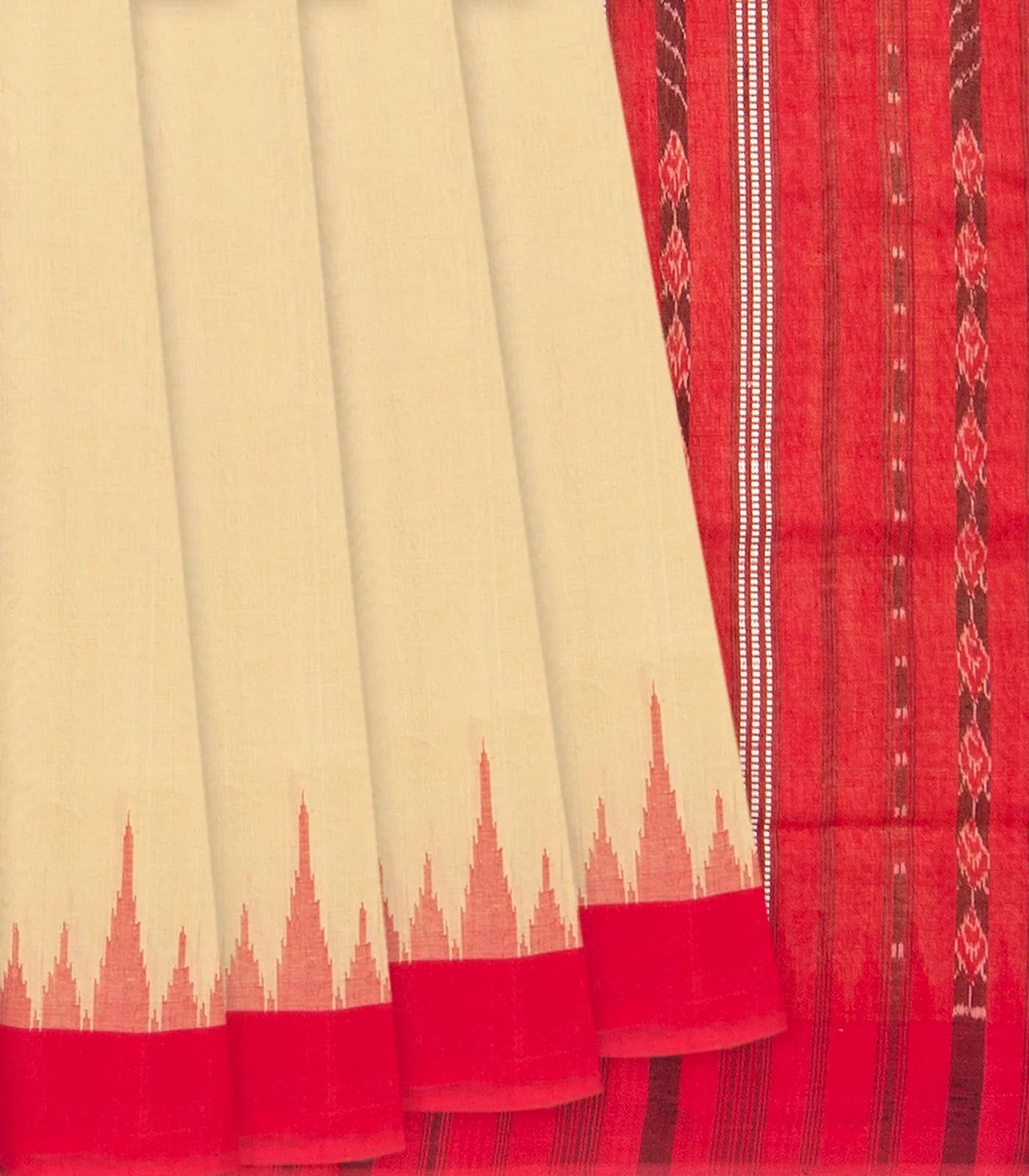 Sandal Handloom Orissa Cotton Saree With Red Temple Border-Sandal