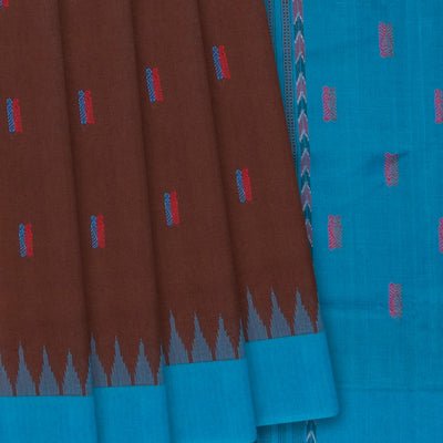 Brown Handloom Orissa Cotton Saree With Cyan  Temple Border-Brown