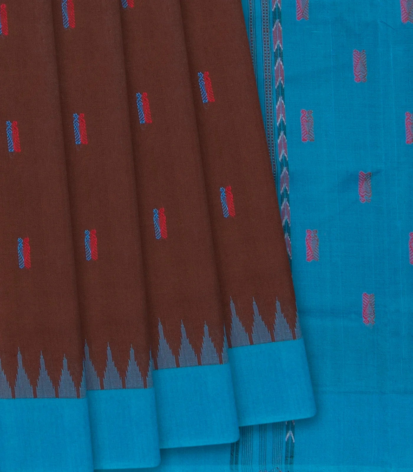 Brown Handloom Orissa Cotton Saree With Cyan  Temple Border-Brown