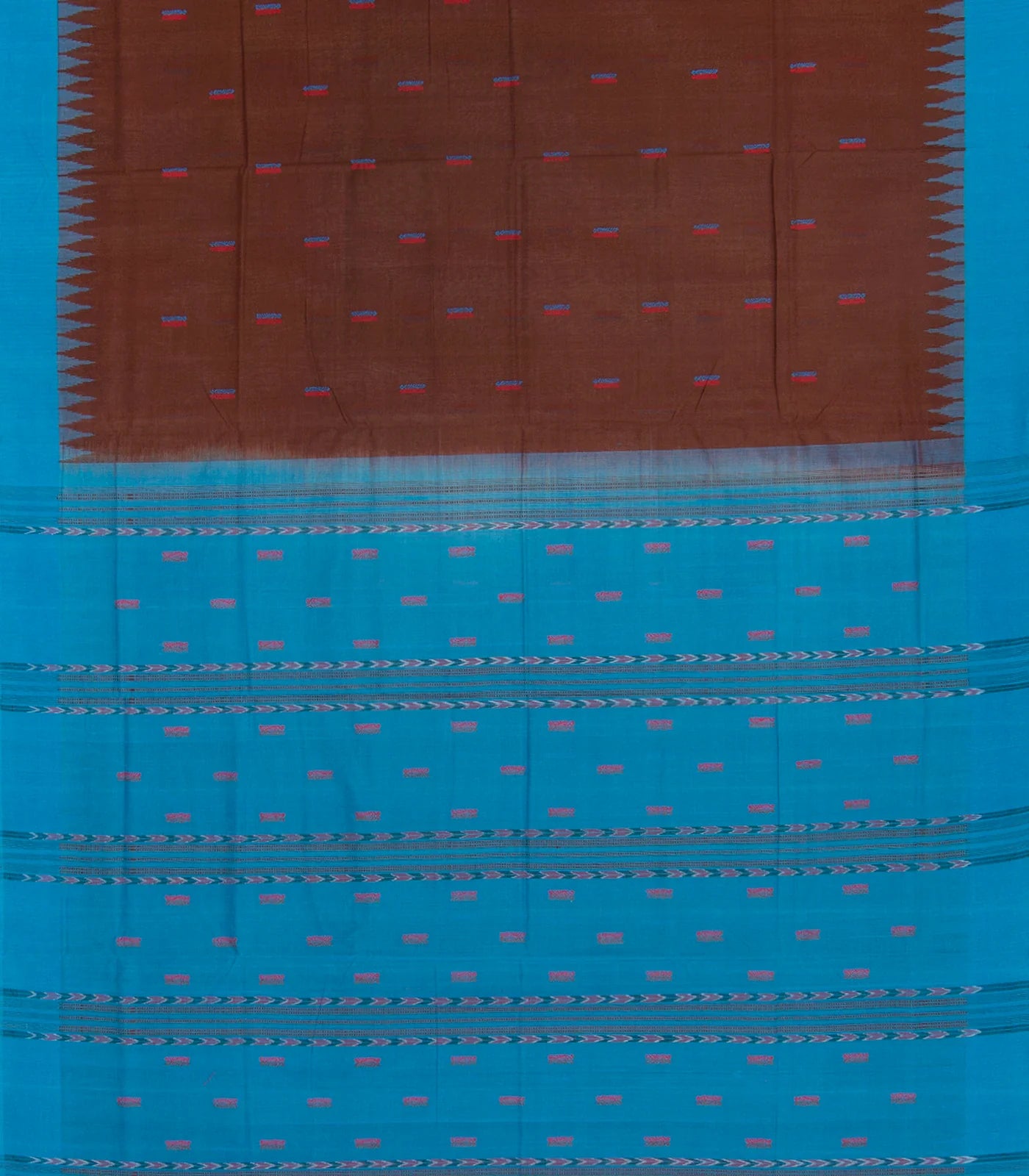Brown Handloom Orissa Cotton Saree With Cyan  Temple Border-Brown