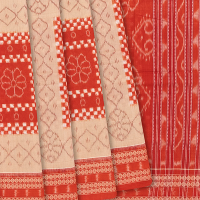 Sandal Handloom Orissa Cotton Saree With Ikat Motifs-Sandal