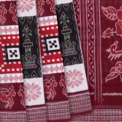Maroon Handloom Orissa Cotton Saree With Ikat Annam Motifs-Maroon