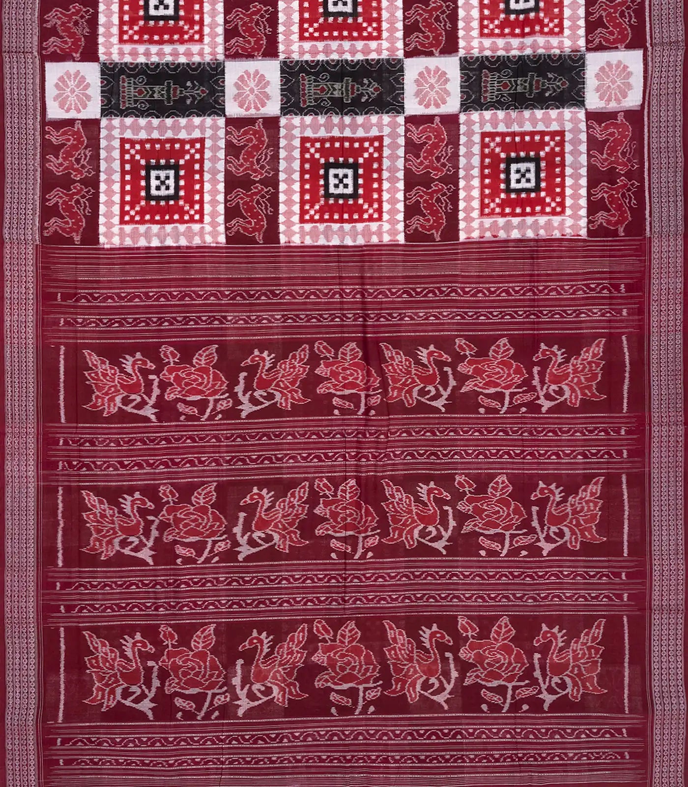 Maroon Handloom Orissa Cotton Saree With Ikat Annam Motifs-Maroon