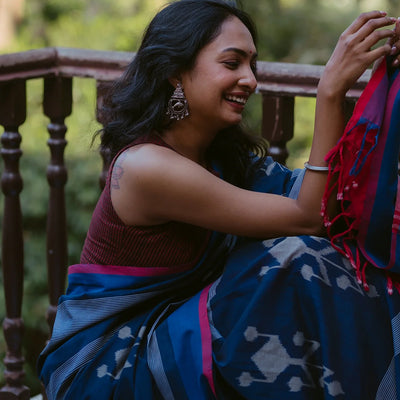 Navy Blue Handloom Orissa Cotton Saree With Tie & Dye Motifs-Navy Blue