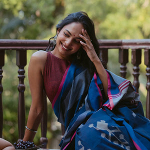 Navy Blue Handloom Orissa Cotton Saree With Tie & Dye Motifs-Navy Blue