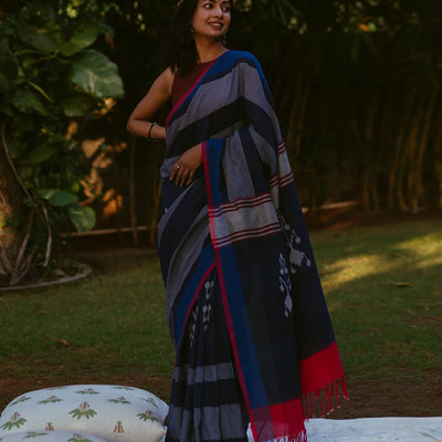Navy Blue Handloom Orissa Cotton Saree With Tie & Dye Motifs-Navy Blue