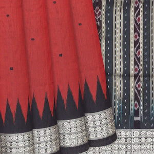 Crimson Handloom Orissa Ikat Silk Saree With Black Border-Crimson