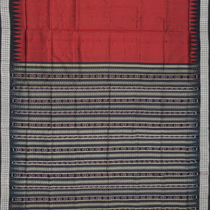 Crimson Handloom Orissa Ikat Silk Saree With Black Border-Crimson