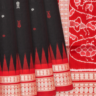 Black Handloom Orissa Ikat Silk Saree With Red Border-Black