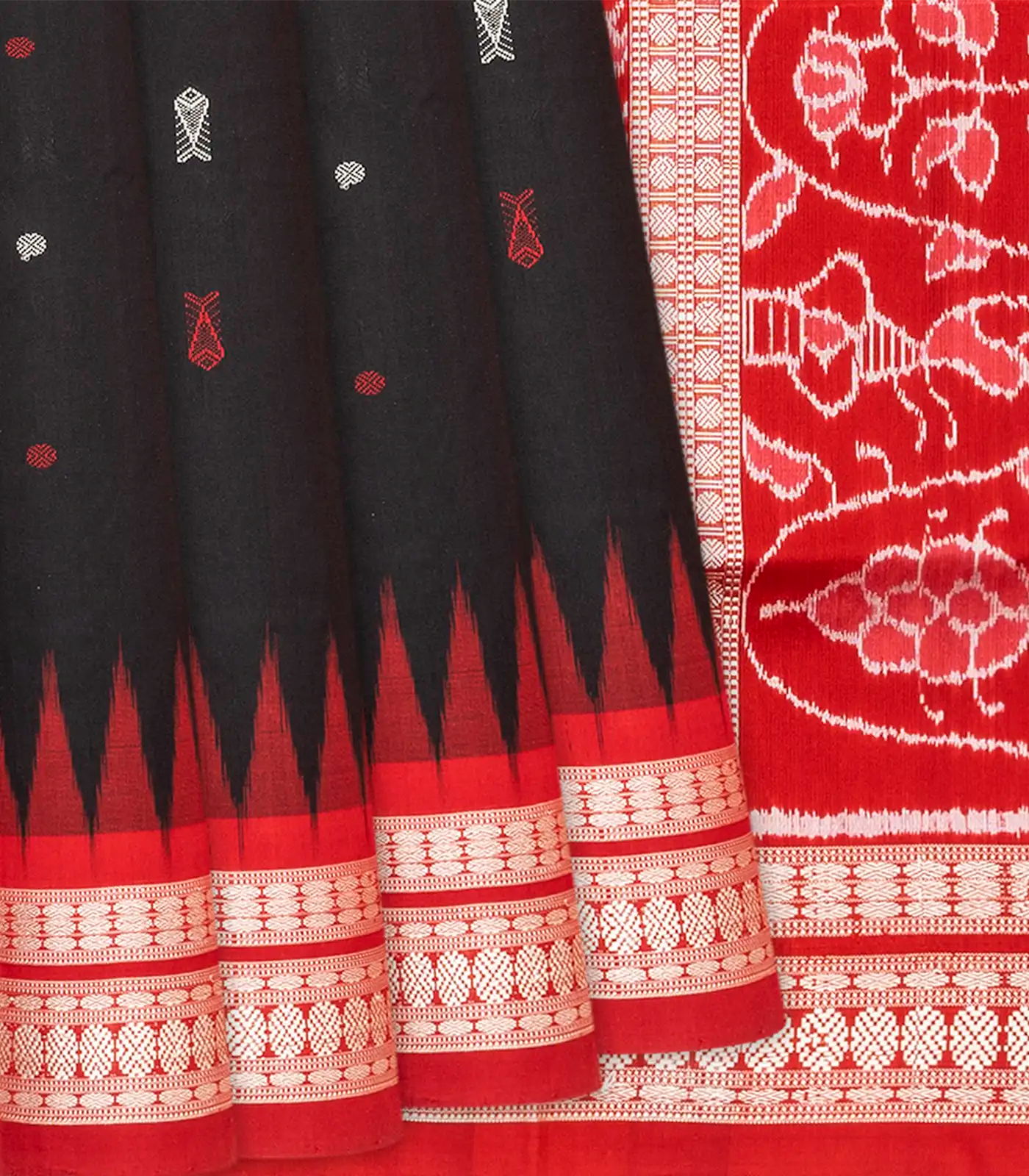Black Handloom Orissa Ikat Silk Saree With Red Border-Black