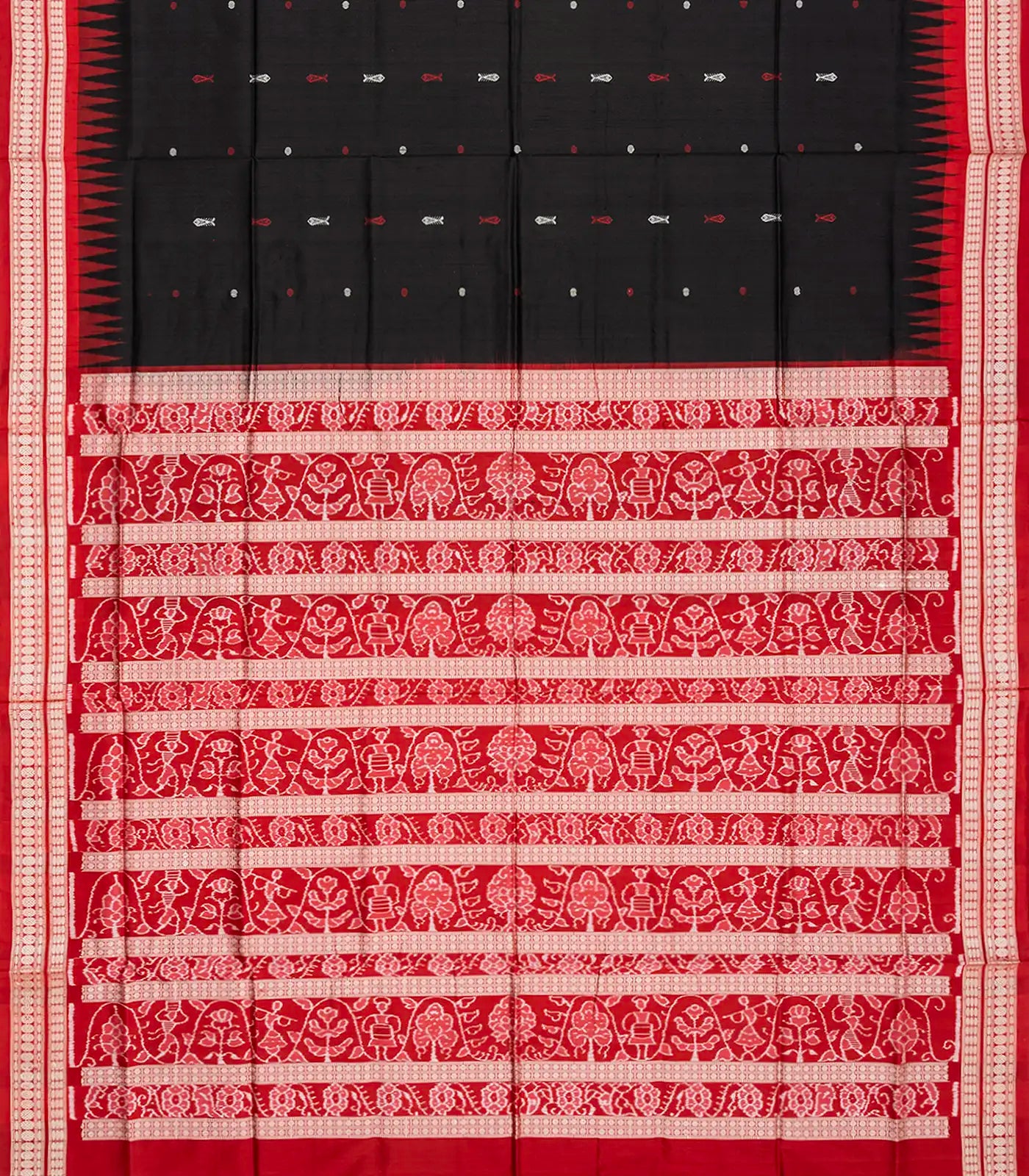 Black Handloom Orissa Ikat Silk Saree With Red Border-Black