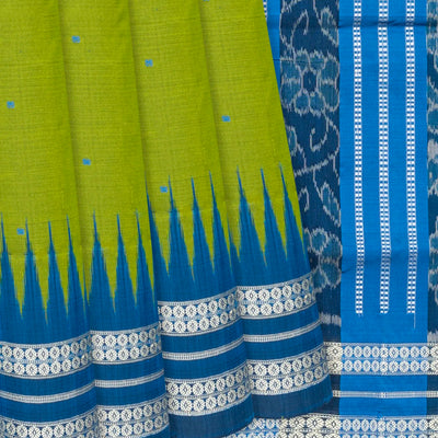 Leafy Green Handloom Orissa Ikat Silk Saree With Blue Border-Leaf Green