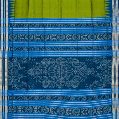 Leafy Green Handloom Orissa Ikat Silk Saree With Blue Border-Leaf Green