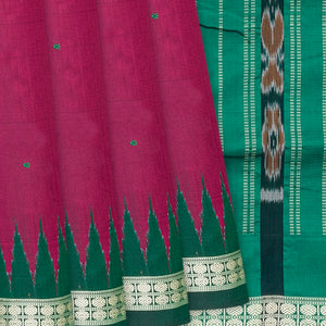 Crimson Handloom Orissa Ikat Silk Saree With Green Border-Crimson