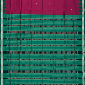 Crimson Handloom Orissa Ikat Silk Saree With Green Border-Crimson