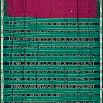 Crimson Handloom Orissa Ikat Silk Saree With Green Border-Crimson