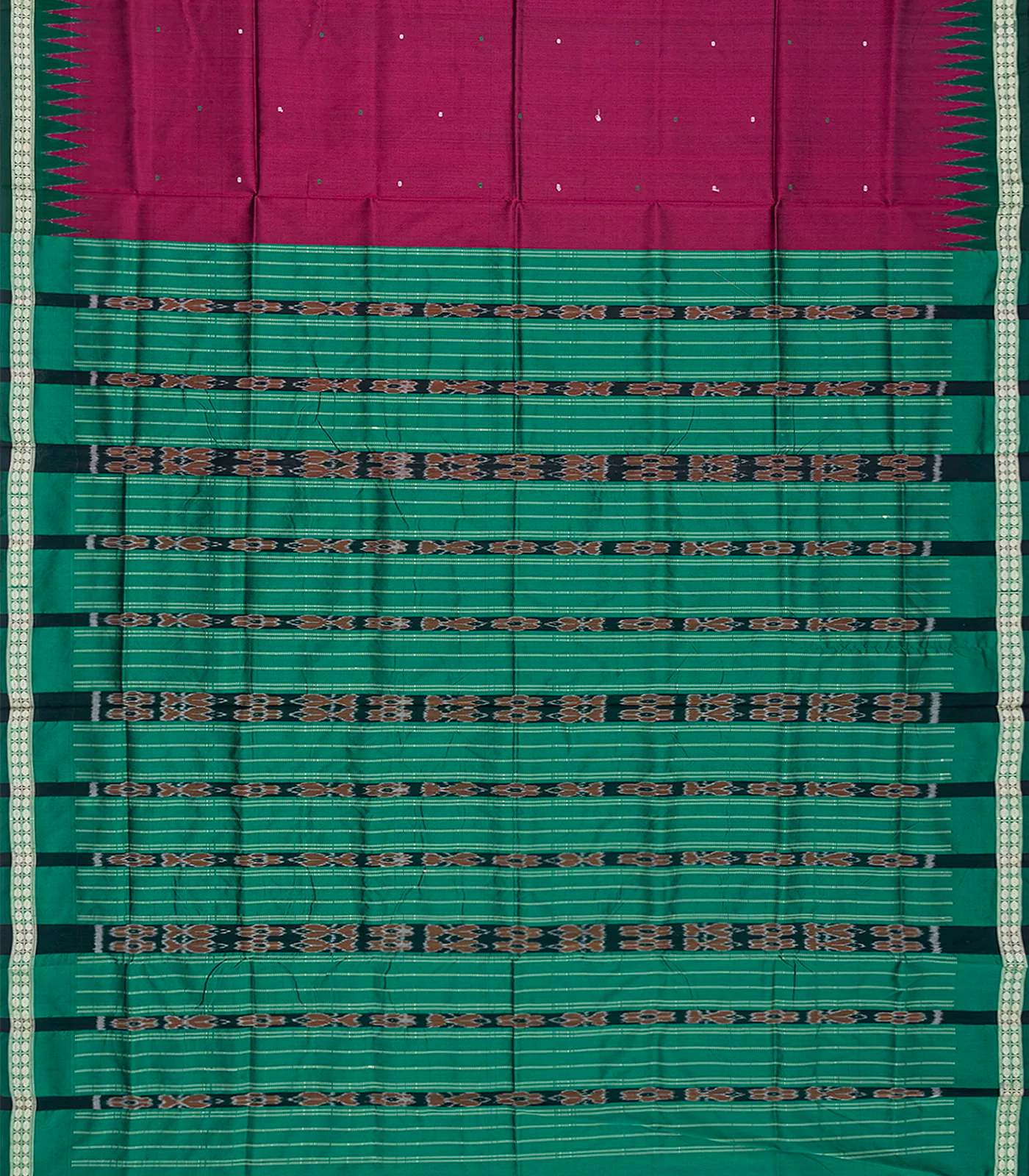 Crimson Handloom Orissa Ikat Silk Saree With Green Border-Crimson